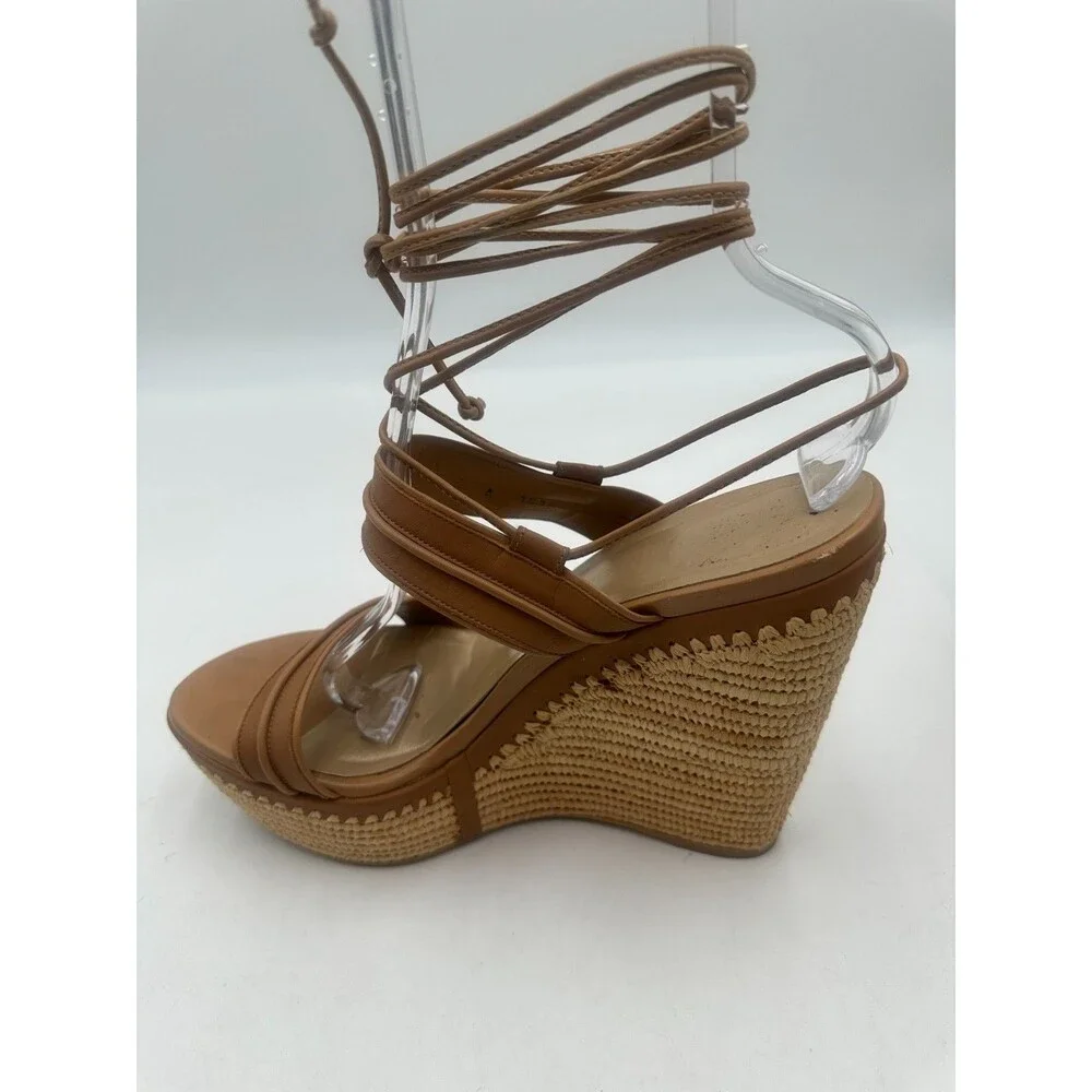 Stuart Weitzman Abandon Tan Leather Lace Up Espadrille Raffia Wedge Size 11M